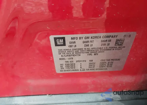 2015 Chevrolet Trax Lt z USA, uszkodzony, nr VIN KL7CJRSB7FB247734